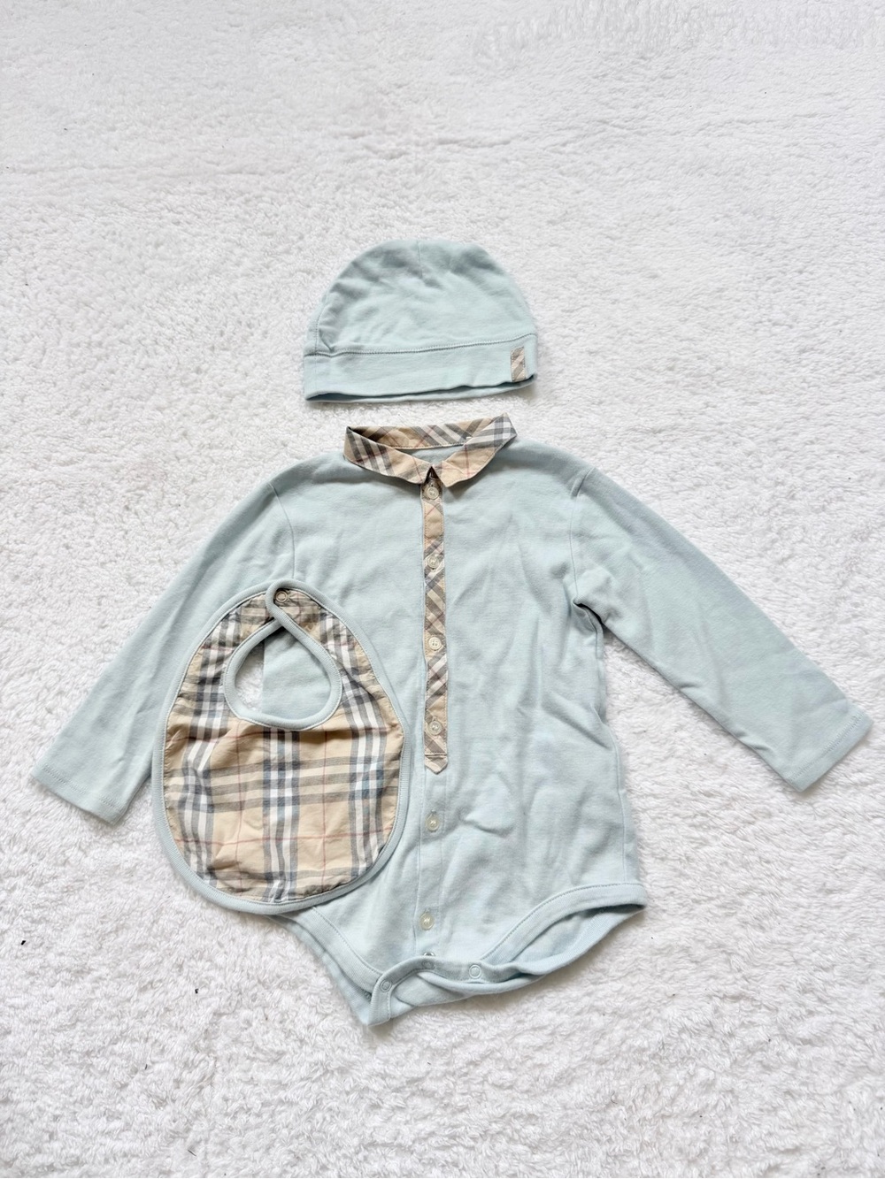 Burberry Baby Boy Nova Check Plaid Rompers 12m blue Bib Hat Set Beige